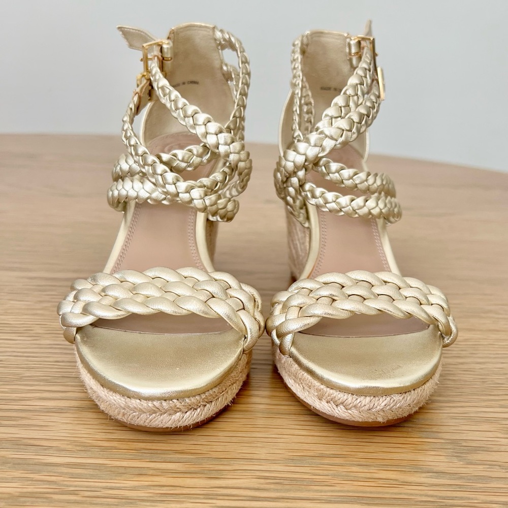 Tory Burch Bailey Metallic Leather Braid Espadrille Wedge Platform Sandals Gold - Picture 5 of 15